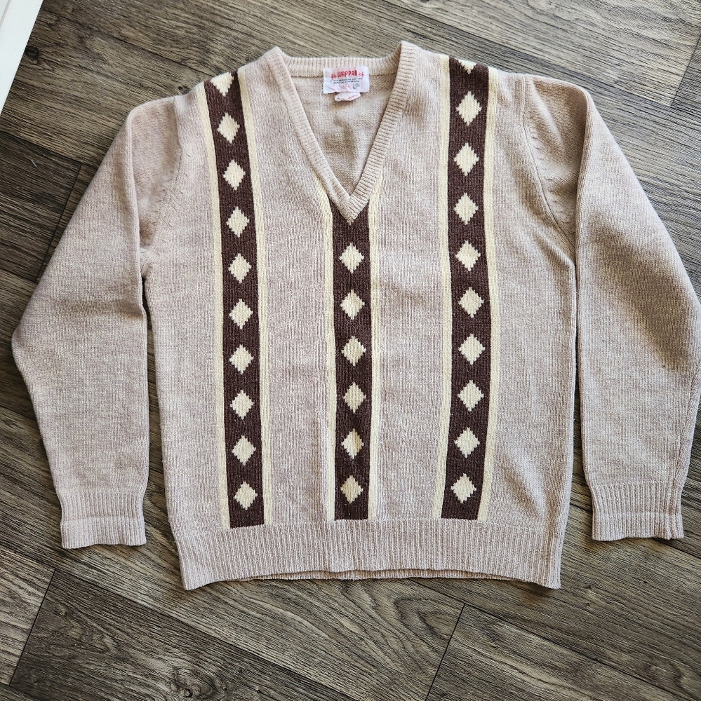 Vintage 70s Japanese Wappan Lambswool Mens Abstract Sweater Size Large